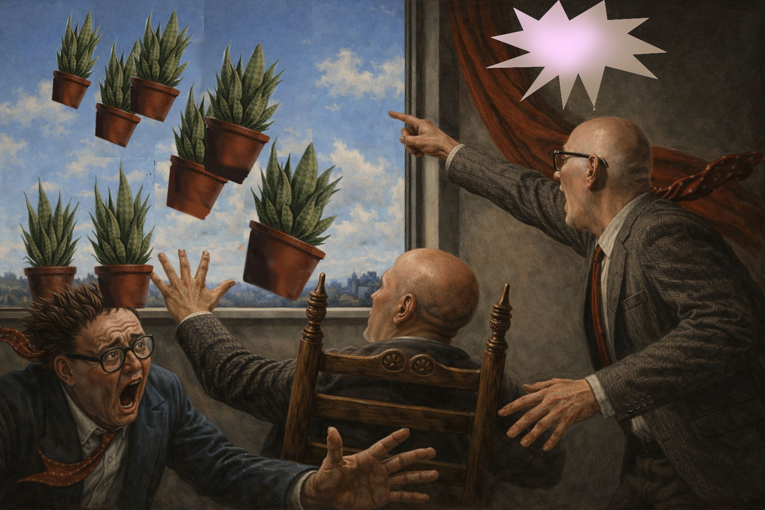 De voorstelling van de angstaanjagende sanseveria vind ik net te grappig. Mijn te schilderen dreigende sanseveria's zijn angstaanjagend door hun aantal.